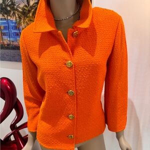 St. John Vibrant Orange Textured Blazer embellished M 10 tweed gold wool